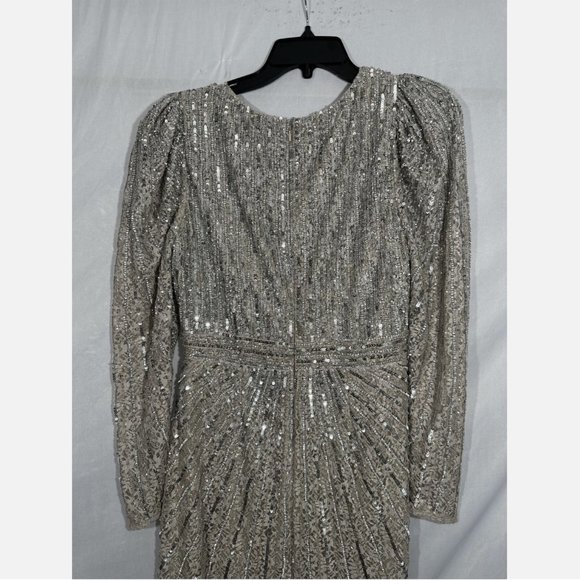 NWT $538 Mac Duggal [ 8 ] Beaded Lace Long‎ Sleeve Midi Dress Taupe - Picture 9 of 16